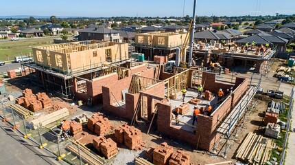 Fototapeta premium Residential construction site with bricklaying and timber framing, new housing development under a clear blue sky, suburban home building project