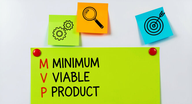 MVP Minimum Viable Product written on a green sticky note. Colorful notes with gear, search, and target icons represent business planning. Lean startup methodology concept for product management.