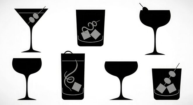 Minimalist cocktail drink silhouettes set with martini glasses and shaker on plain background