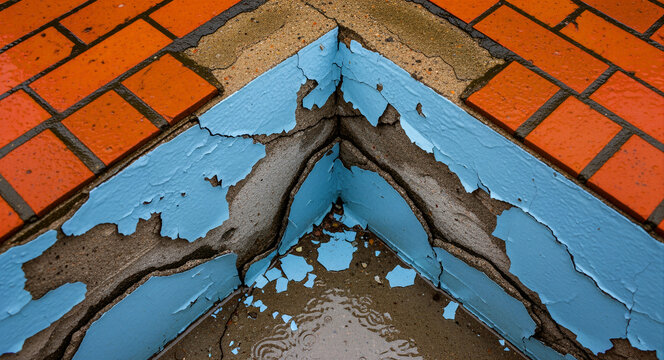 Peeling blue paint on cracked concrete corner beside red bricks. Weathered cement structure showing signs of water damage and severe decay. Maintenance and property neglect concept for renovation.