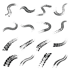 Curved tire tracks vector illustration set with various waving rubber wheel tread patterns. © Siyam Creative