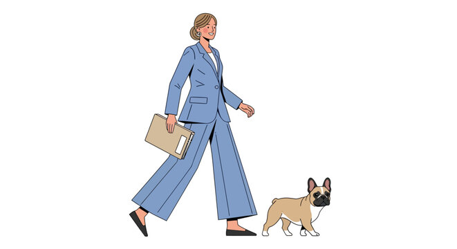 Woman in blue suit walking her dog with briefcase.