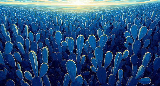Vast field of blue prickly pear cacti glowing under a sunrise. Artistic illustration showing an endless desert landscape. Surreal nature background, ideal for creative travel and decor themes.