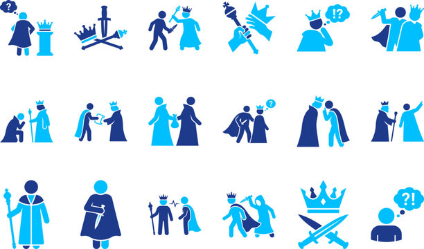 Collection of blue and white icons related to royalty power kings queens crowns swords and battles symbolizing authority conflict.
