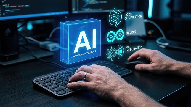 Ai development and integration in software coding technology workspace digital imagery virtual environment close-up viewpoint innovative concepts for modern businesses