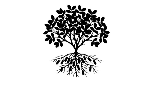 Black Peanut Plant Silhouette with Leaves and Roots on White Background