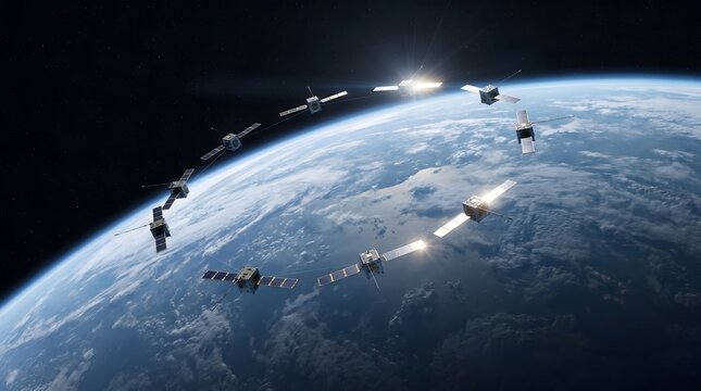 Multiple small satellites with deployed solar panels in low Earth orbit flying in formation, Earth curved surface with atmosphere visible below, deep black star-filled space