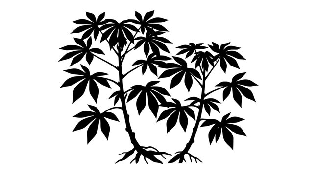 Black silhouette of a cassava plant with roots and leaves