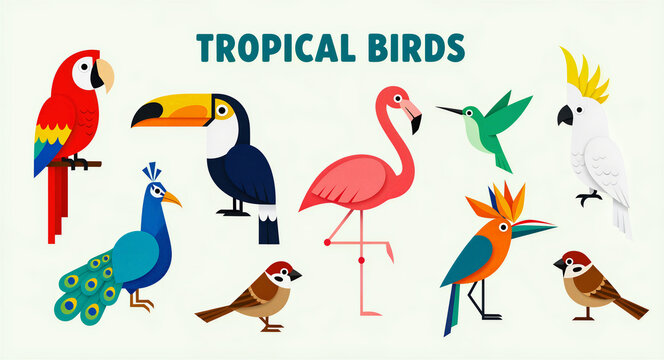 Set of colorful tropical birds including parrot, toucan, and flamingo in flat geometric style. Exotic avian species collection on a clean background. Ideal for wildlife education and zoo marketing.
