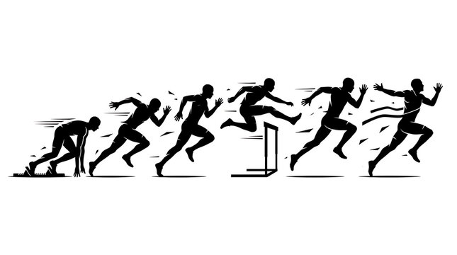 Black silhouette sequence of a male athlete performing a sprint start and running towards the finish line