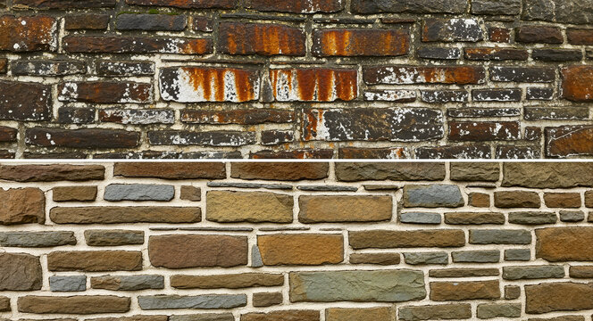 Comparison of weathered and modern rustic stone wall textures. Top panel features aged masonry with rust, bottom shows clean fieldstone. Ideal material for renovation and construction marketing.