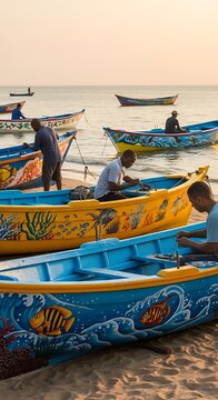 Senegalese fishermen preparing colorful wooden pirogue boats at sunset.