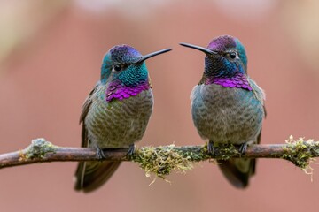 Fototapeta premium The Pair of Hummingbirds with Iridescent Gorgets Resting on a Mossy Branch