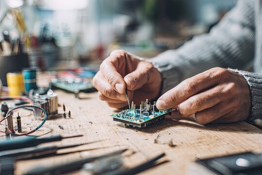 Skilled hands meticulously repairing a small electronic circuit board on a cluttered workbench with various tools.