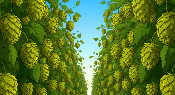 Rows of fresh green hop cones hanging from vines against a clear sky. Vibrant illustration of Humulus lupulus in a lush plantation. Brewing ingredients concept, ideal for brewery marketing.
