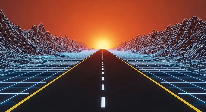 Retro synthwave landscape with a perspective road leading toward a glowing sun in a digital grid environment synthwave retrowave landscape perspective abstract technology computer background