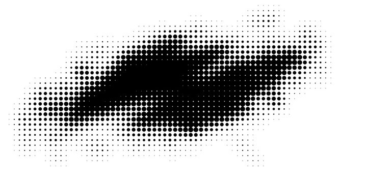 An abstract, irregular black shape composed of halftone dots. The dots are dense in the center and dissipate outwards, creating a gradient, grunge, and dissolving effect.