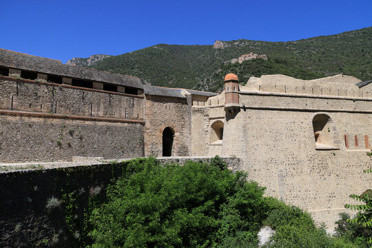 View of the medieval city wall of Villefranche-de-Conflent, France  