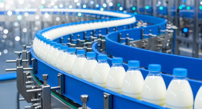 Automated production line with milk bottles moving on a blue conveyor belt. Modern factory equipment processing dairy products in a clean facility. Manufacturing efficiency and technology concept.