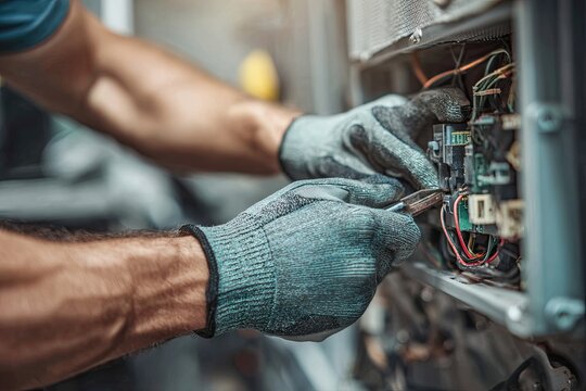 Skilled hands in protective gloves meticulously repairing electrical wiring and components within a household appliance.