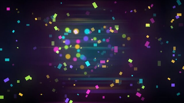 Animated vibrant confetti particles gently falling across a dark, atmospheric background with blurred light streaks and bokeh, creating a joyful and celebratory mood. Ideal for event promotions or fes