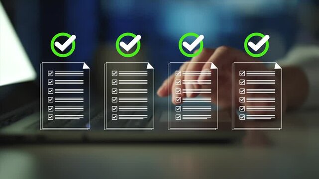 Businessman using laptop computer for regulatory compliance checks. Legal document review and approval process. Automated workflow management solution. 