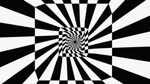 A hypnotic black and white optical illusion tunnel featuring a geometric checkerboard pattern. Perfect for psychedelic, abstract, or trippy background visuals in creative projects