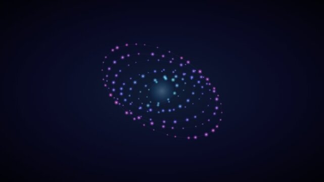 Abstract animation of neon blue and purple particle rings rotating on a dark background, representing data networks, atomic orbits, or futuristic technology