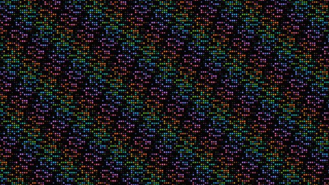 Abstract digital background featuring a dense grid of tiny, flashing multicolored pixels. Ideal for technology, gaming, or data concepts