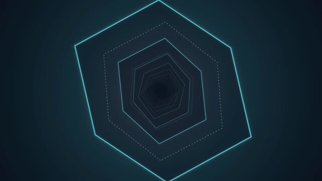 A minimalist futuristic animation featuring concentric glowing cyan hexagons rotating and receding into a dark background, perfect for high tech and sci fi concepts