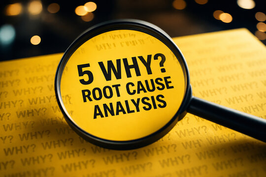 A magnifying glass highlighting "5 WHY? ROOT CAUSE ANALYSIS" over a document.