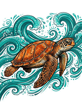 Sea turtle swimming in ocean waves, transparent background