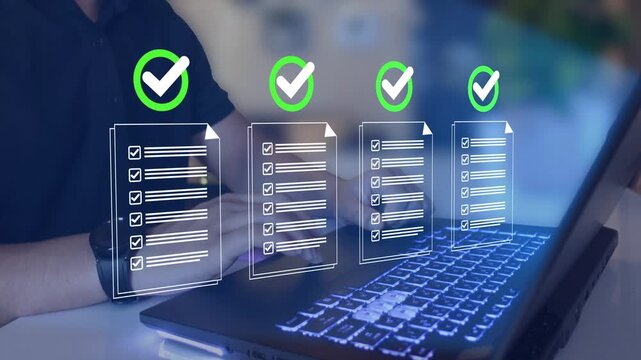 Businessman using laptop computer for regulatory compliance checks. Legal document review and approval process. Automated workflow management solution. 