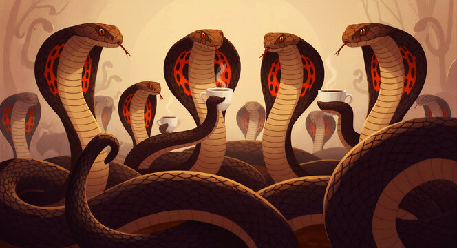 Group of cobras holding coffee cups and having a morning break. Surreal digital illustration showing several king cobras holding mugs with their tails. Humorous office meeting and team concept.