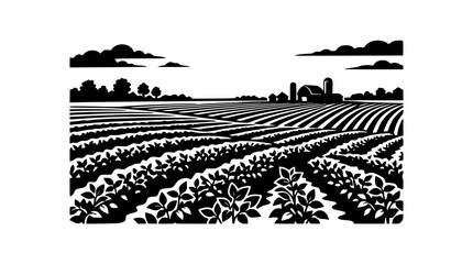 Fototapeta premium Black and White Woodcut Illustration of a Farm Landscape with Crop Rows and Barn