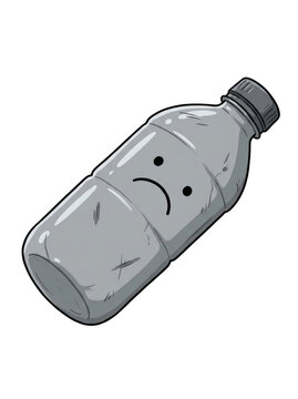 Crushed plastic water bottle with sad face on transparent background