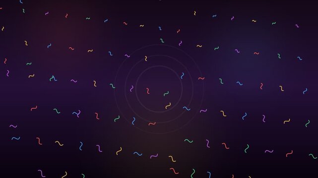 Abstract motion graphics background featuring colorful squiggly lines over a dark violet gradient with subtle concentric circles