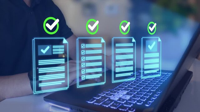 Businessman using laptop computer for regulatory compliance checks. Legal document review and approval process. Automated workflow management solution. 