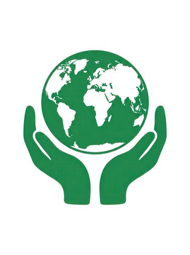 Green hands holding Earth globe on transparent background