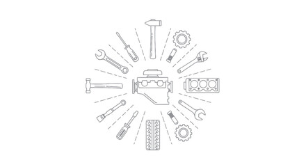 Obraz premium Minimal Line Art Car Repair Tools and Engine Vector Illustration