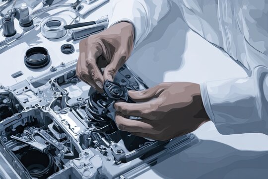 Skilled hands carefully assembling intricate device interior components with precision engineering and detailed work