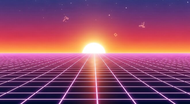 Retro 80s synthwave landscape with glowing sunset grid.
