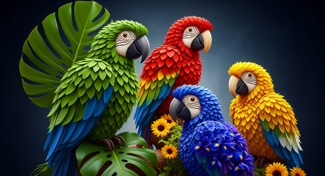 Colorful macaws perched on a branch with tropical leaves. Vibrant parrots in green, red, blue, and yellow show intricate feather patterns. Exotic wildlife concept for tropical themes and marketing.