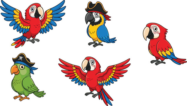 Cartoon pirate parrot vector illustration set with colorful macaws wearing pirate hats isolated on white background