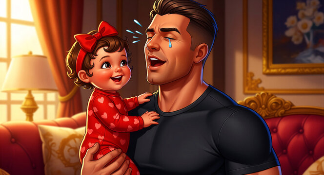 Emotional father holding happy baby daughter in a cozy home. Muscular man cries tears of joy as toddler smiles in heart pajamas. Fatherhood concept, ideal for parenting and family-themed marketing.