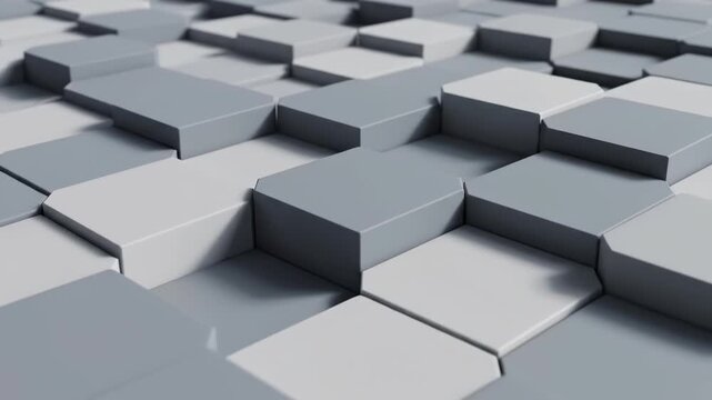 3D render of extruded geometric tiles with chamfered edges in shades of gray and white. Minimalist seamless pattern featuring varying heights and shallow depth of field bokeh.