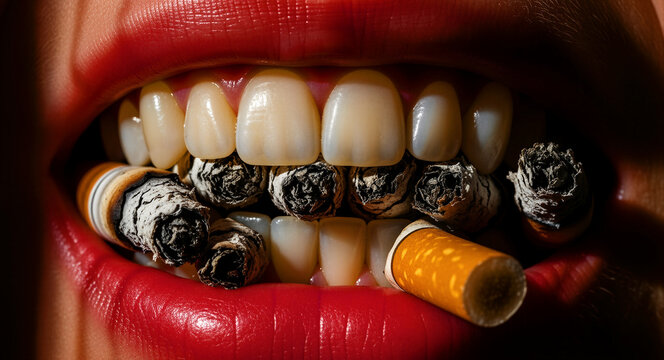 Close-up of red lips biting down on several burnt cigarette butts. Extreme macro view showing nicotine addiction and a damaging smoking habit. Conceptual image for anti-smoking campaigns.