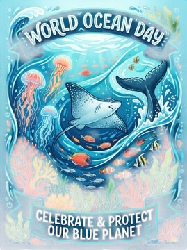 World Ocean Day illustration with transparent background, marine life, ocean conservation