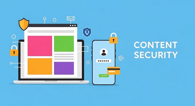 The image illustrates a laptop and mobile phone with content security icons.