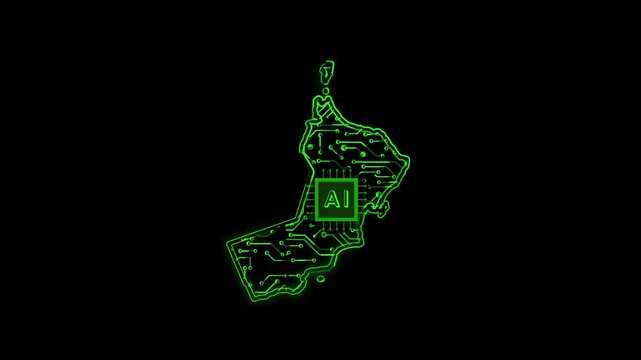 Oman Country Map Chipset Technology Opener, Suitable for Tech Events, Science Programs, News and Artificial Intelligence Presentations